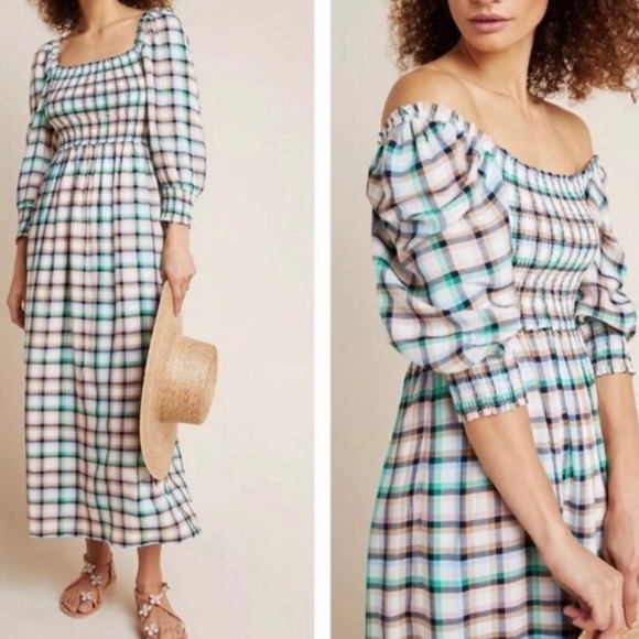 Maeve by Anthro Cerie Smocked Plaid Checker Maxi Dress with Balloon Sleeves - Picture 1 of 6